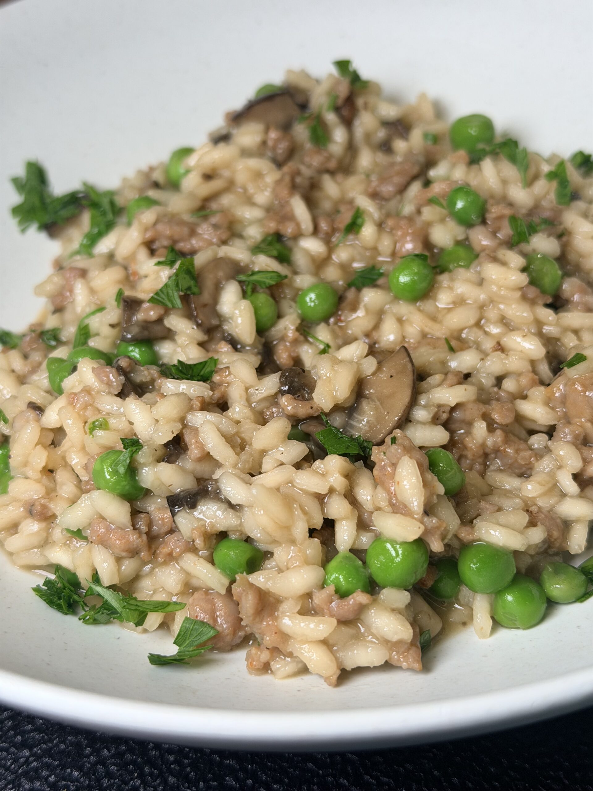 Sausage, Mushroom, and Pea Risotto